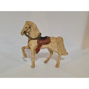 Vintage 1950s Painted Cast Metal Horse White With Chain